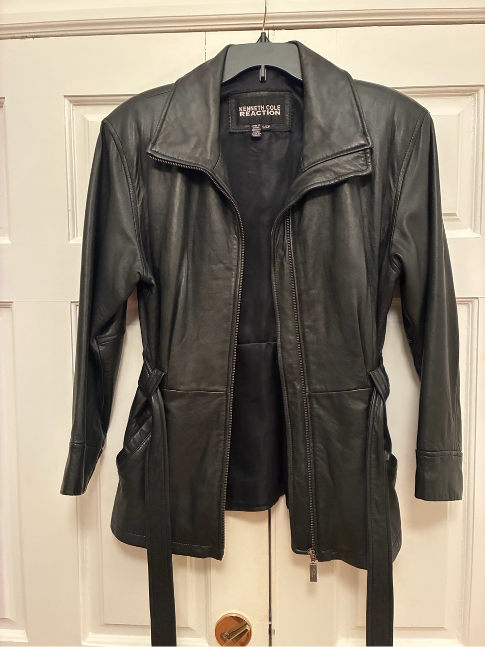 Kenneth Cole Reaction Black Leather Zip Jacket with Waist Tie